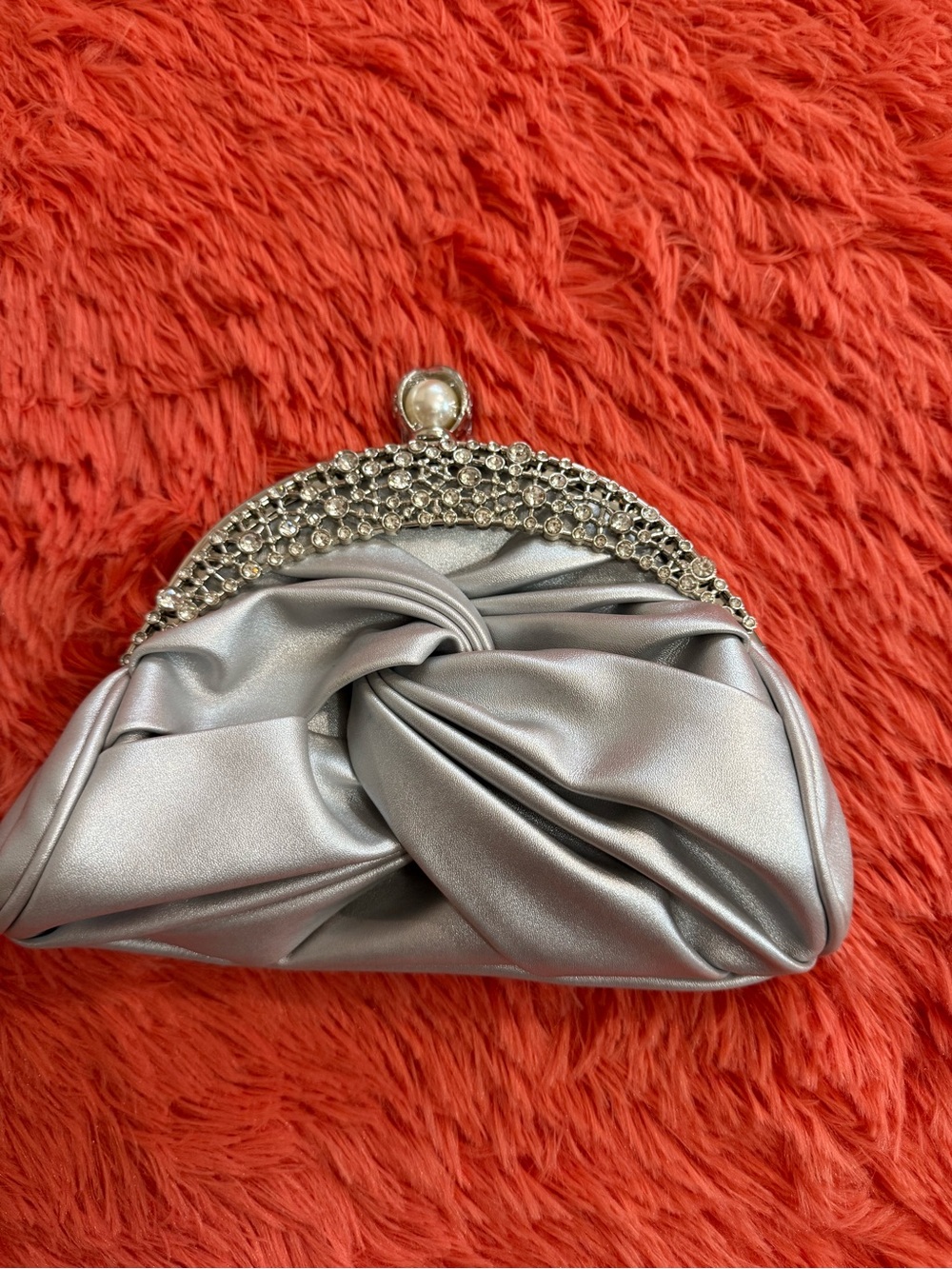 Silver Satin Knot Clutch with Crystal Frame